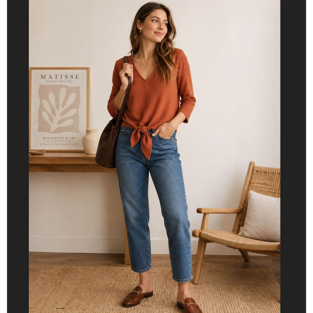 Madewell Texture Thread Tie Front Top Small Rust Orange Cotton V Neck Ribbed EUC